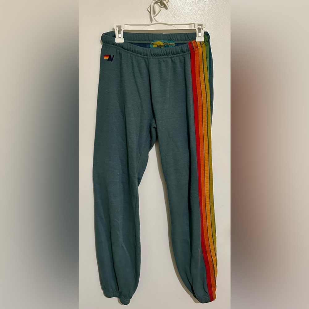 Aviator Nation Turquoise Sweatpants With Rainbow Stripe-Size Large